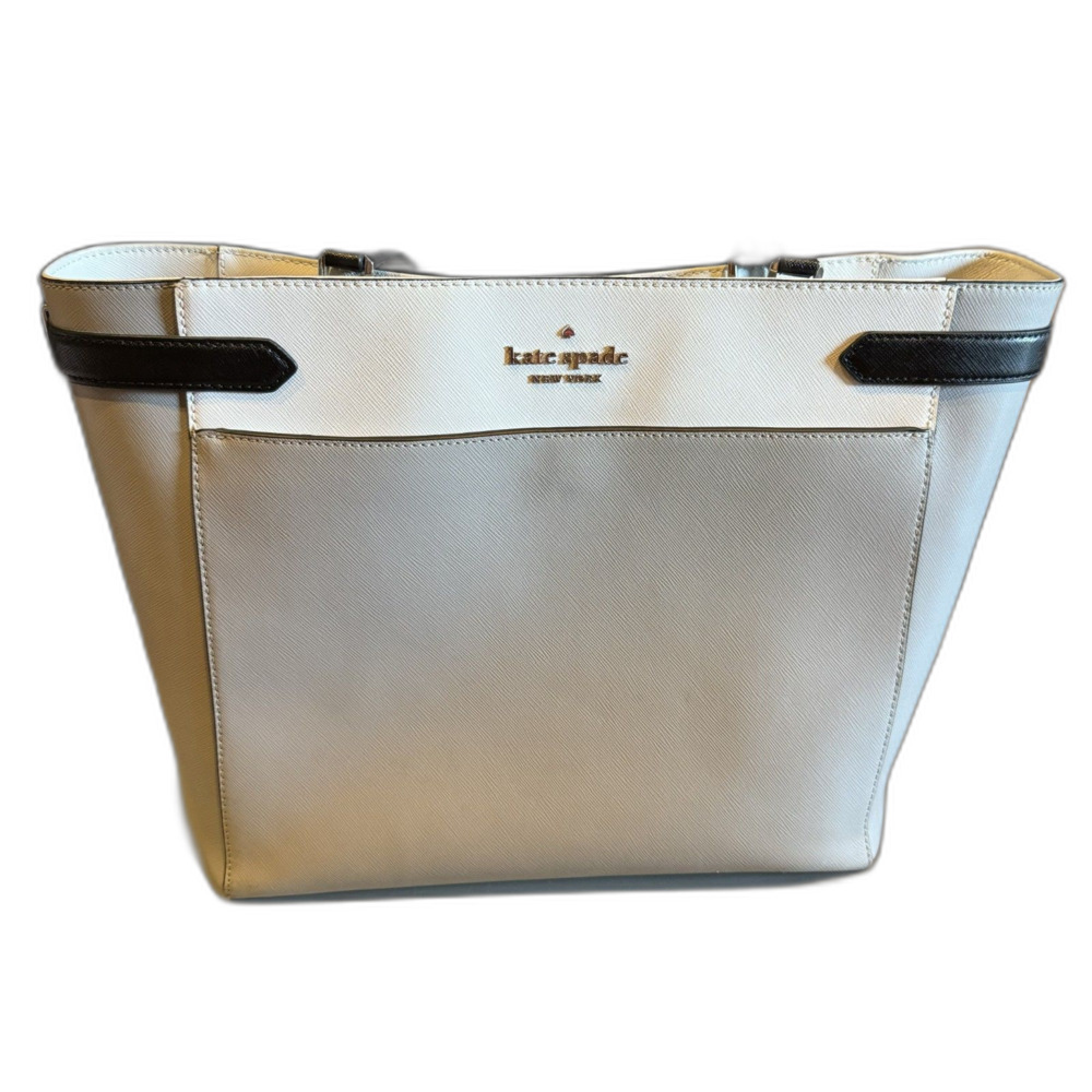 Kate Spade Staci Tote Colorblock Saffiano Leather Laptop Work Bag Gray White
